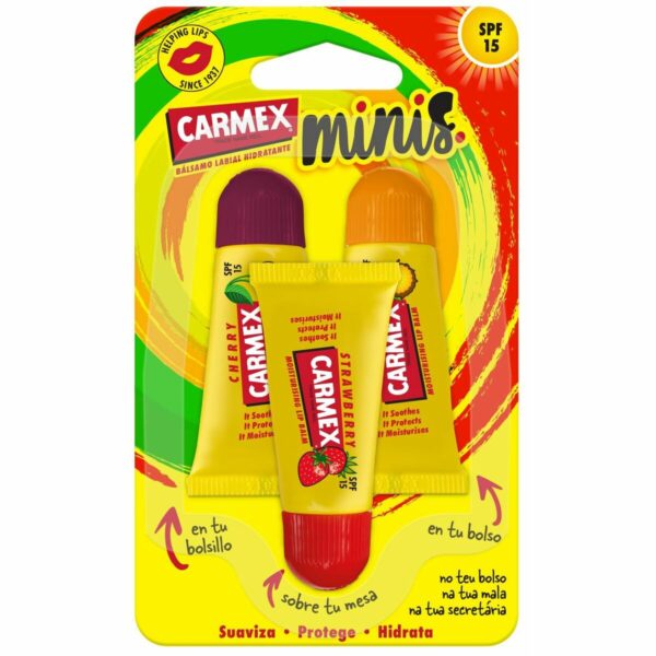 Balsamo Labbra idratante Carmex Triplo Trasparente Spf 15 Fragola Ananas Ciliegia 3 Pezzi (3 Unità)