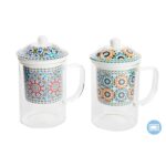 Tazza con Filtro per Infusioni DKD Home Decor Multicolore Arancio Piastrella Arabo 300 ml (2 Unità)