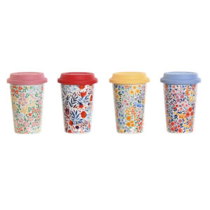 Tazza con Coperchio DKD Home Decor Multicolore Fiori 400 ml (4 Unità )