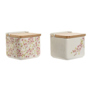 Portasale con Coperchio Home ESPRIT Bianco Rosa Lilla Bambù 750 ml 14 x 12,5 x 12 cm (2 Unità )
