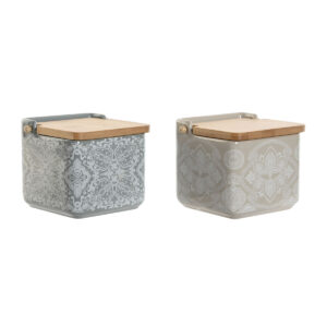Portasale con Coperchio Home ESPRIT Azzurro Beige Rosa Lilla Bambù 750 ml 14 x 12,5 x 12 cm (2 Unità )