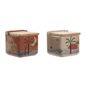 Portasale con Coperchio Home ESPRIT Beige Rosa Terracotta Lilla Bambù 750 ml 14 x 12,5 x 12 cm (2 Unità )