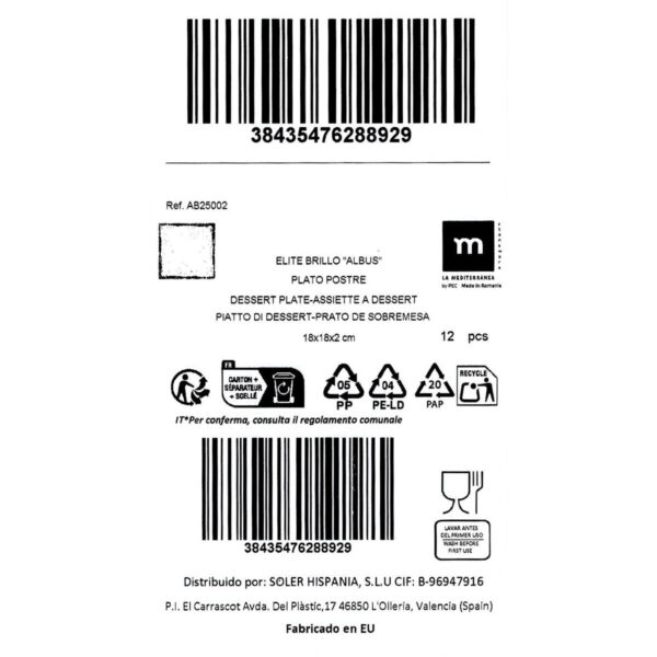 Piatto da Dolce La Mediterránea Albus 18 x 18 x 2 cm (12 Unità)