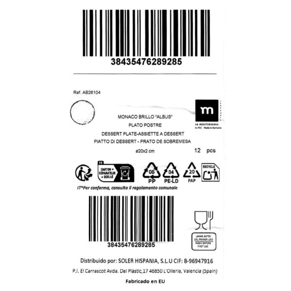 Piatto da Dolce La Mediterránea Albus Ø 20 cm (12 Unità)