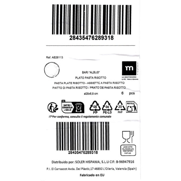 Piatto per Pasta La Mediterránea Albus Ø 28 cm (6 Unità)