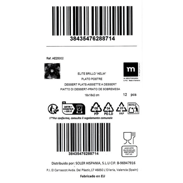 Piatto da Dolce La Mediterránea Aelia 18 x 18 x 2 cm (12 Unità)