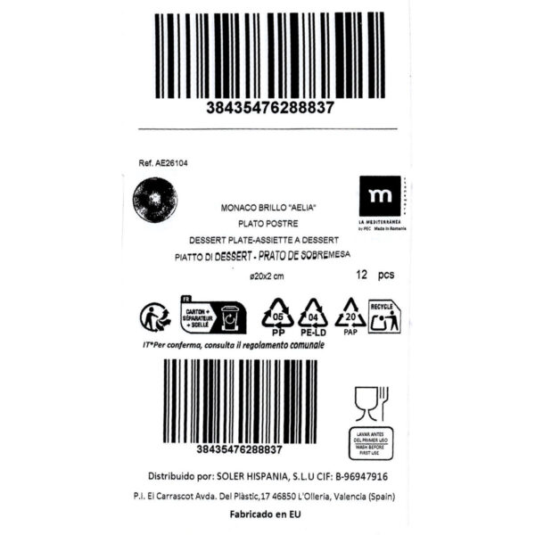 Piatto da Dolce La Mediterránea Aelia Ø 20 cm (12 Unità)