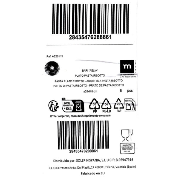 Piatto per Pasta La Mediterránea Aelia Ø 28 cm (6 Unità)