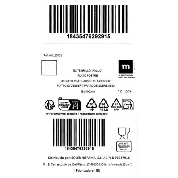 Piatto da Dolce La Mediterránea Anllo 18 x 18 x 2 cm (12 Unità)
