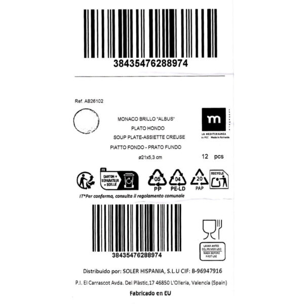 Piatto Fondo La Mediterránea Albus Ø 21 cm (12 Unità)