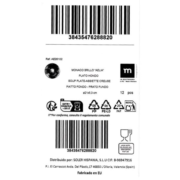 Piatto Fondo La Mediterránea Aelia Ø 21 cm (12 Unità)