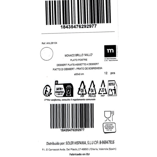 Piatto da Dolce La Mediterránea Anllo Ø 20 cm (12 Unità)