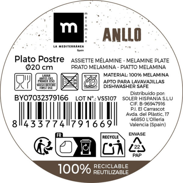 Piatto da Dolce La Mediterránea 20 cm (24 Unità)