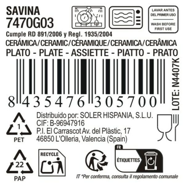 Piatto da pranzo La Mediterránea Savina ø 21 x 3 cm (12 Unità)