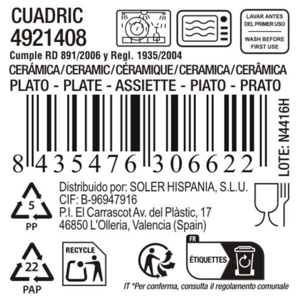 Piatto da pranzo La Mediterránea Cuadric Ceramica Ø 21 cm (12 Unità)