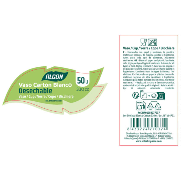 Set di Bicchieri Algon Bianco Cartone 330 ml 50 Pezzi (18 Unità)