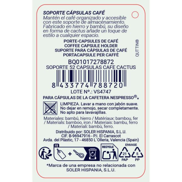 Contenitore per Sistemare le Capsule di Caffè Quttin Nero Bambù Ferro 19,5 x 9,5 x 41,5 cm Cactus (12 Unità)