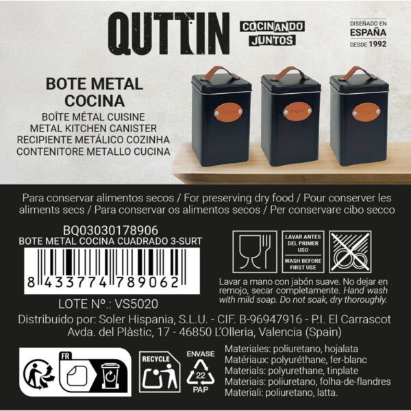 Barattolo Quttin Marrone Nero Quadrato Metallo (18 Unità)