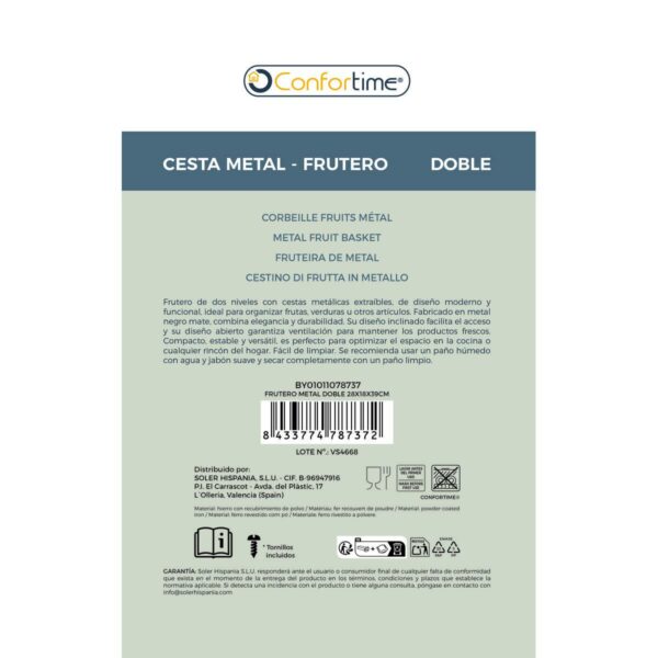 Portafrutta Confortime Nero Metallo 28 x 18 x 39 cm (6 Unità)