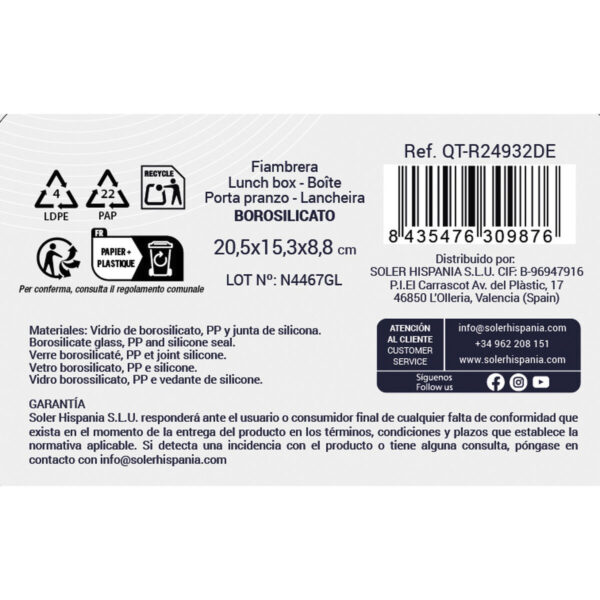 Porta pranzo Quttin Azzurro Trasparente Rettangolare 1,3 L (6 Unità)