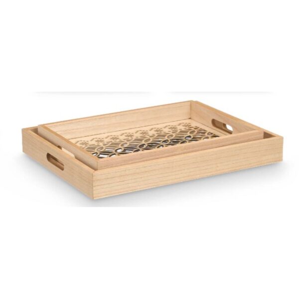 Set di Vassoi Gift Decor Marrone Trasparente Legno Vetro Cerchi 2 Pezzi